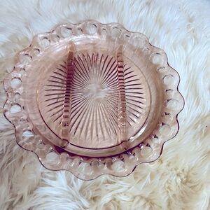 Three Part Relish Dish with Open Lace Hocking Pink Depression Glass